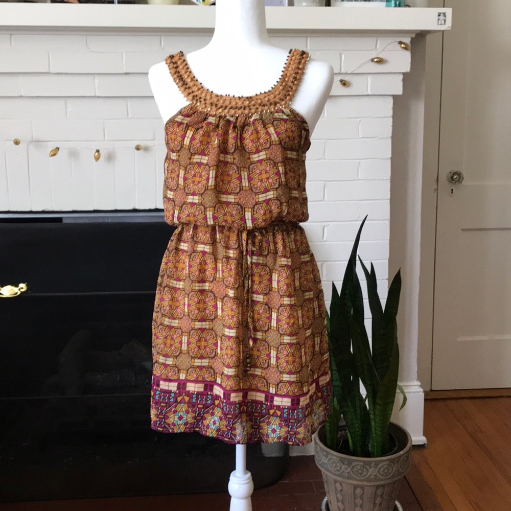 Geometric Shapes Beaded Neck Dress XS